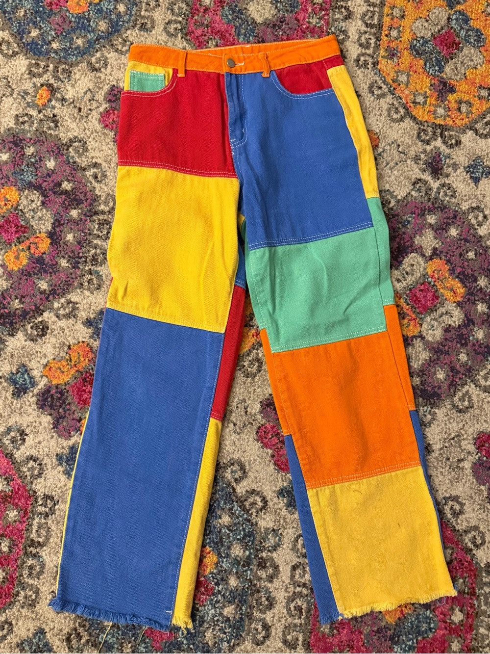 NWOT Colorblock Patchwork Pants Wide Leg Denim Multicolor Retro Women’s Large